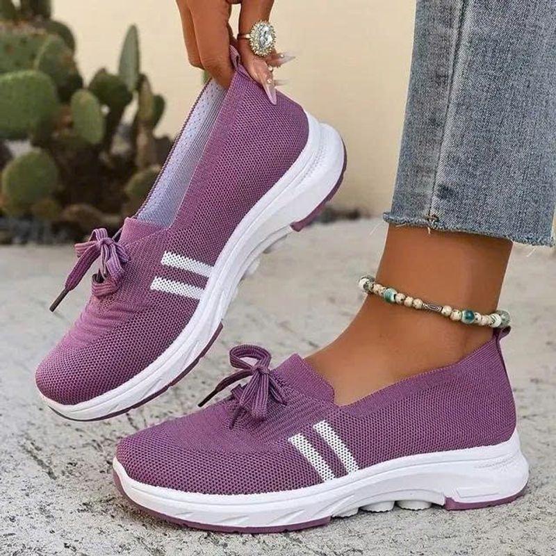 🔥Summer Best Seller🔥Women’s Breathable Knit Slip-On Sneakers with Bow – Lightweight Low-Top Casual Shoes in Beige & White for Everyday Comfort