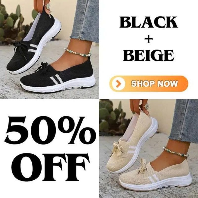 🔥Summer Best Seller🔥Women’s Breathable Knit Slip-On Sneakers with Bow – Lightweight Low-Top Casual Shoes in Beige & White for Everyday Comfort