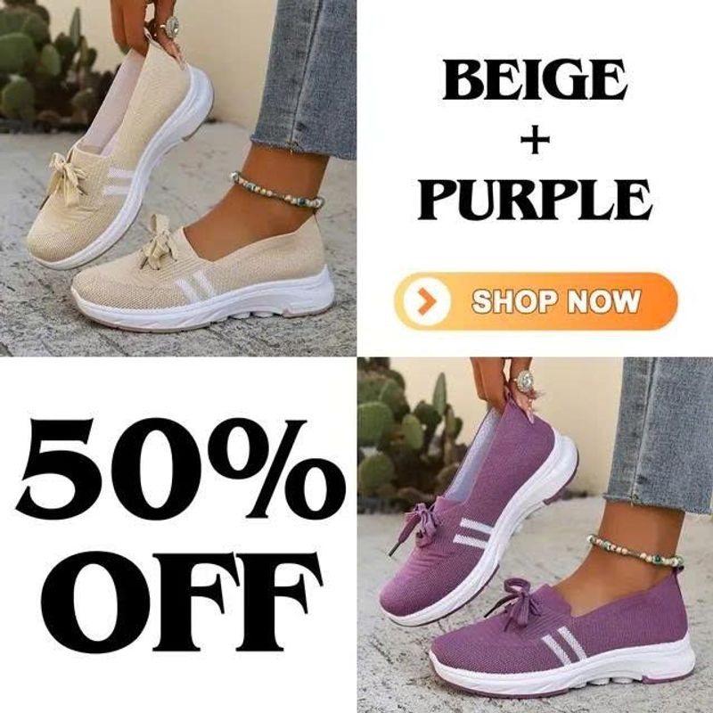 🔥Summer Best Seller🔥Women’s Breathable Knit Slip-On Sneakers with Bow – Lightweight Low-Top Casual Shoes in Beige & White for Everyday Comfort